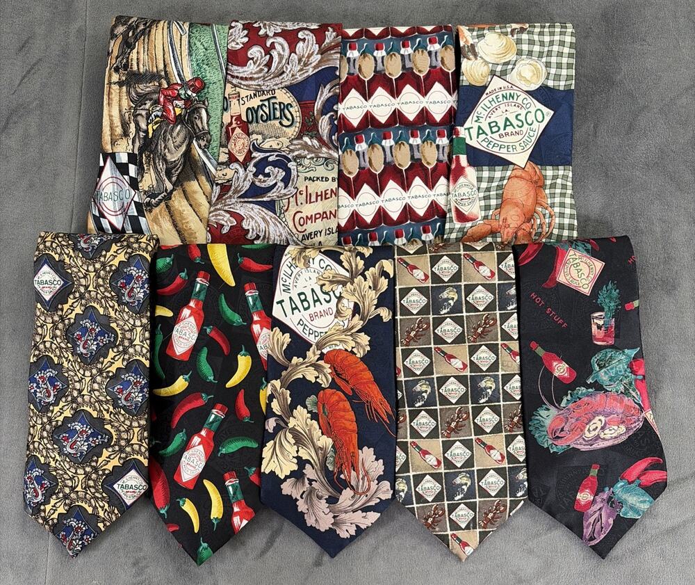 Lot of 9 Vintage Tabasco Brand Novelty Designer Neck Ties Hot Sauce 100% Silk